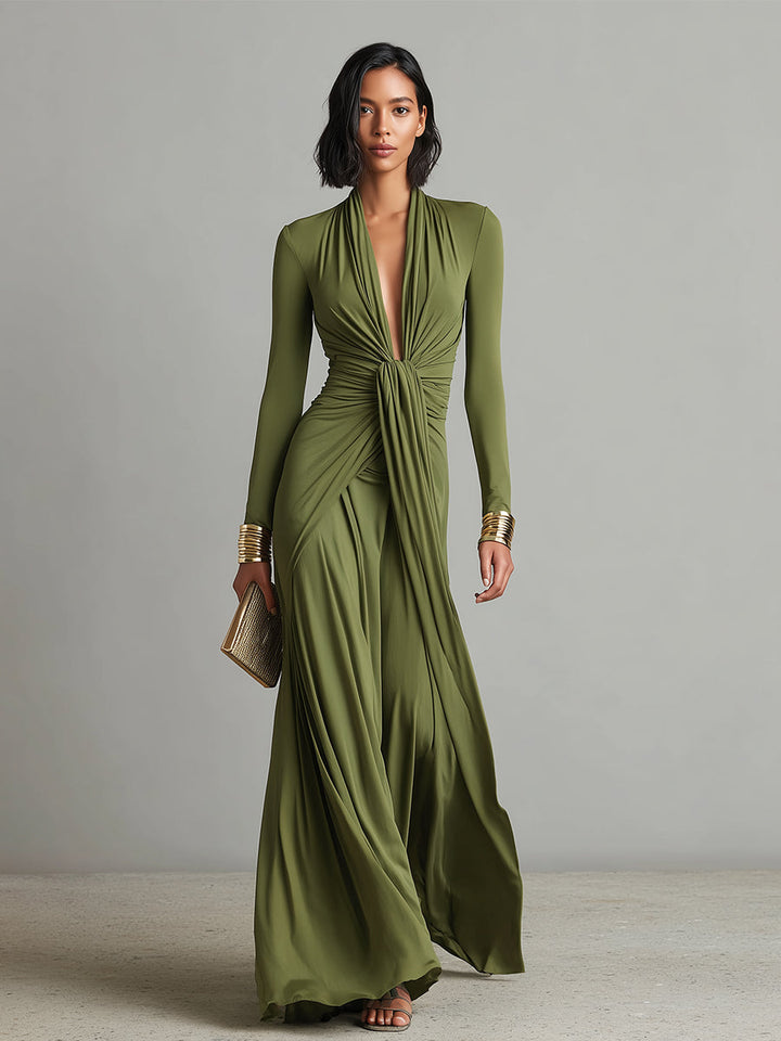 Olive Satin Maxi Dress V-Neck