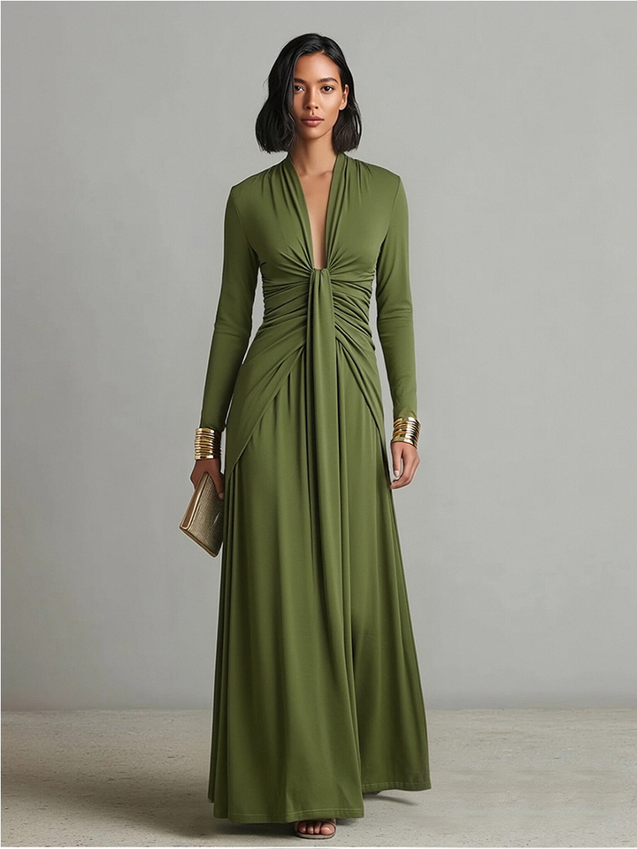 Olive Satin Maxi Dress V-Neck