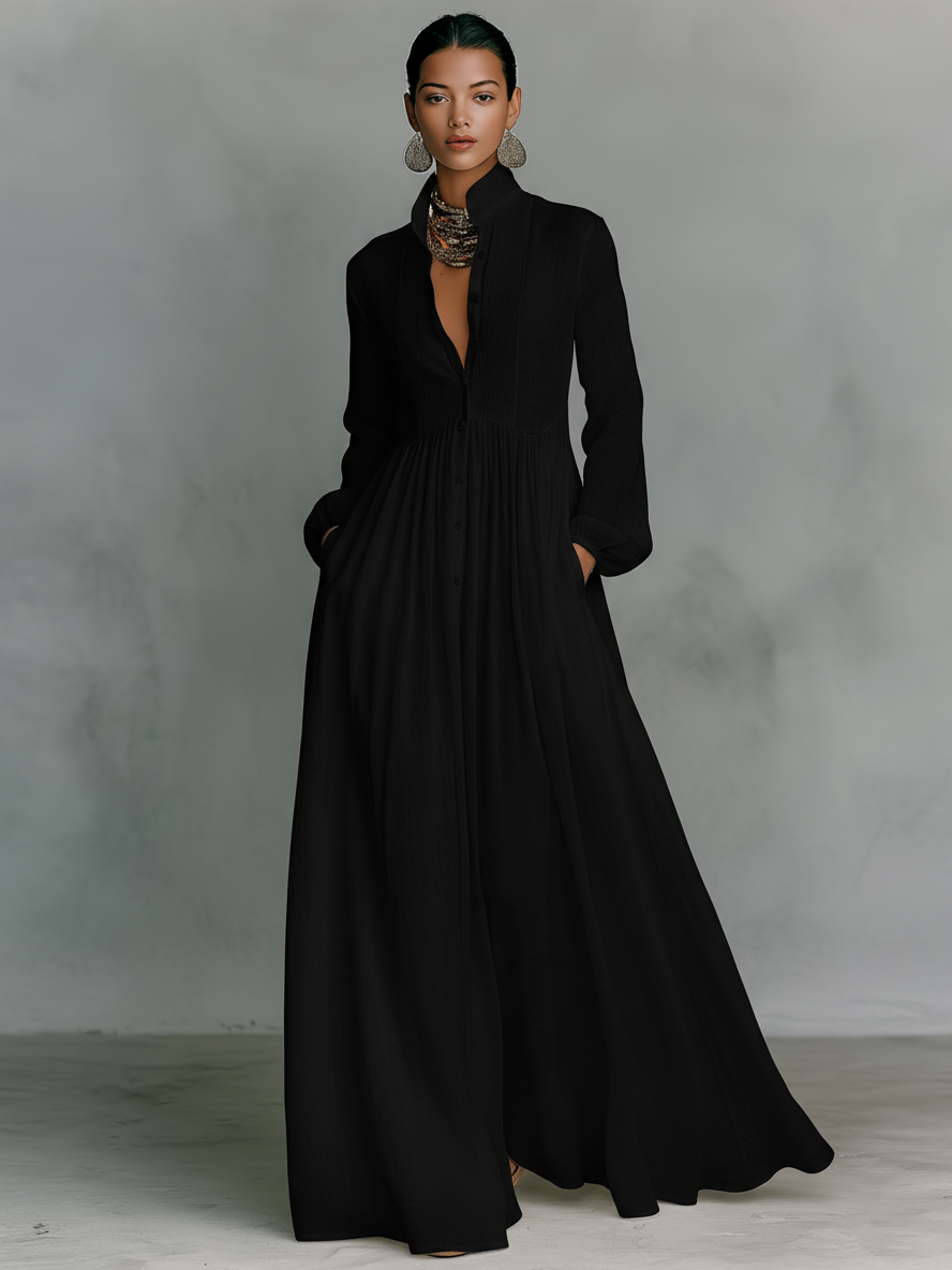 Patchwork Linen Maxi Dress Mandarin Collar