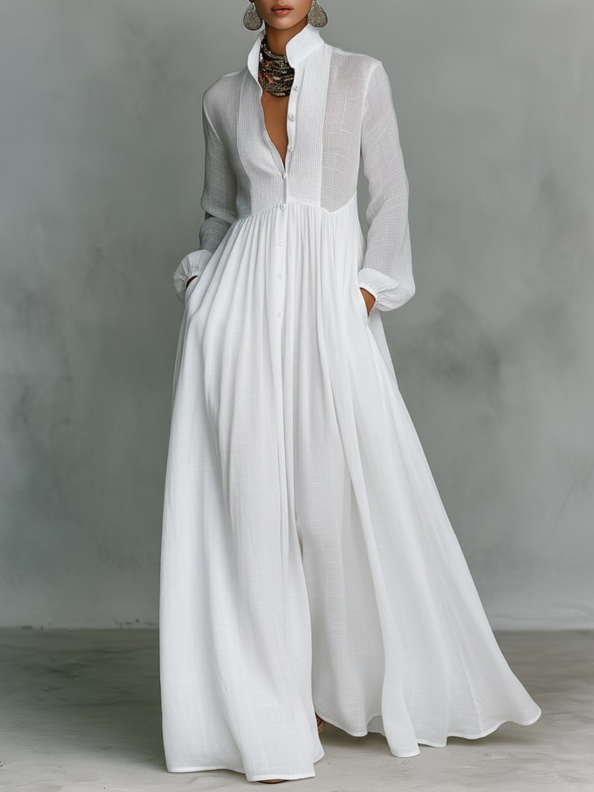 Patchwork Linen Maxi Dress Mandarin Collar