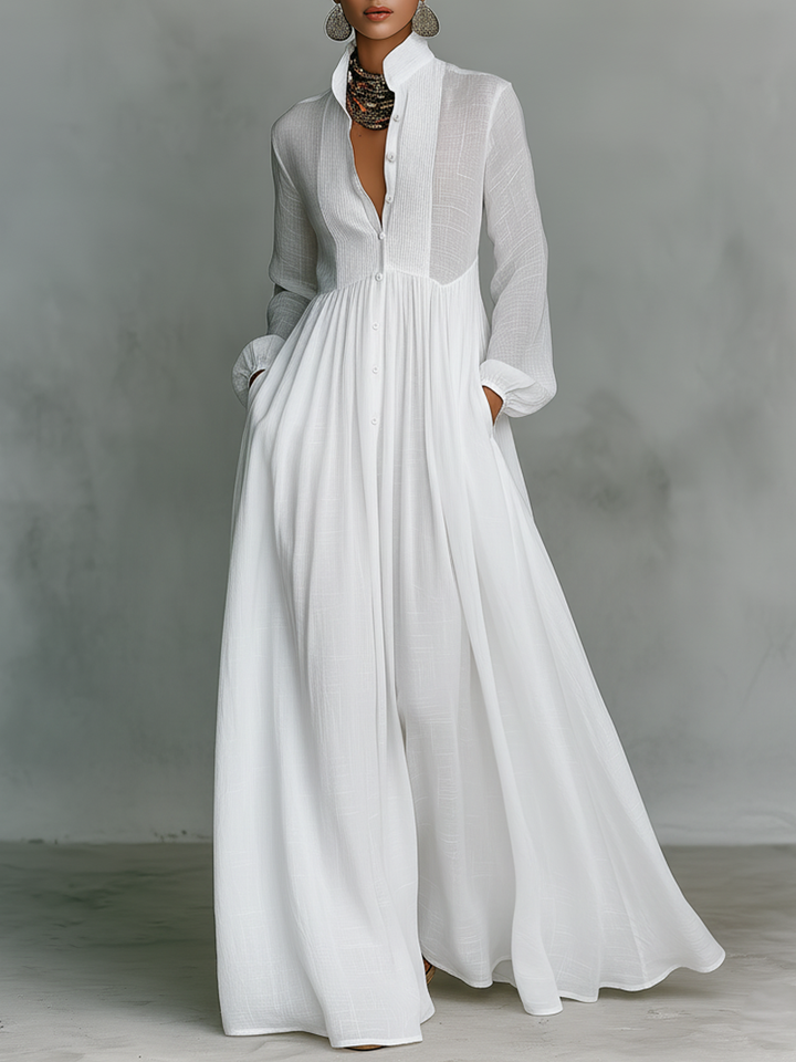 Patchwork Linen Maxi Dress Mandarin Collar