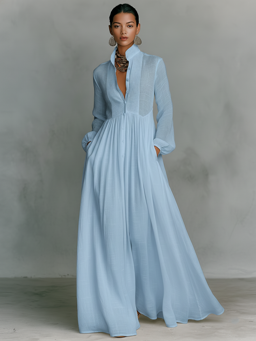 Patchwork Linen Maxi Dress Mandarin Collar