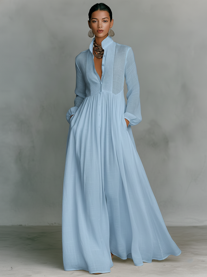 Patchwork Linen Maxi Dress Mandarin Collar
