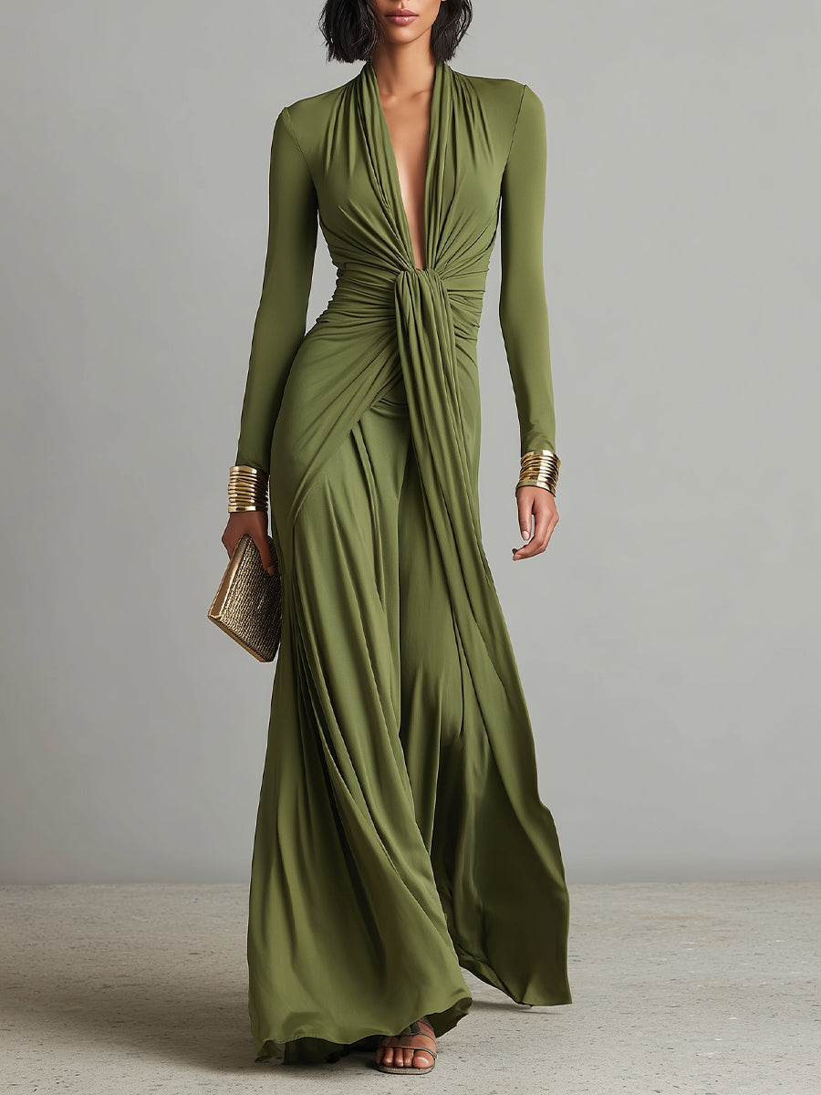 Olive Satin Maxi Dress V-Neck