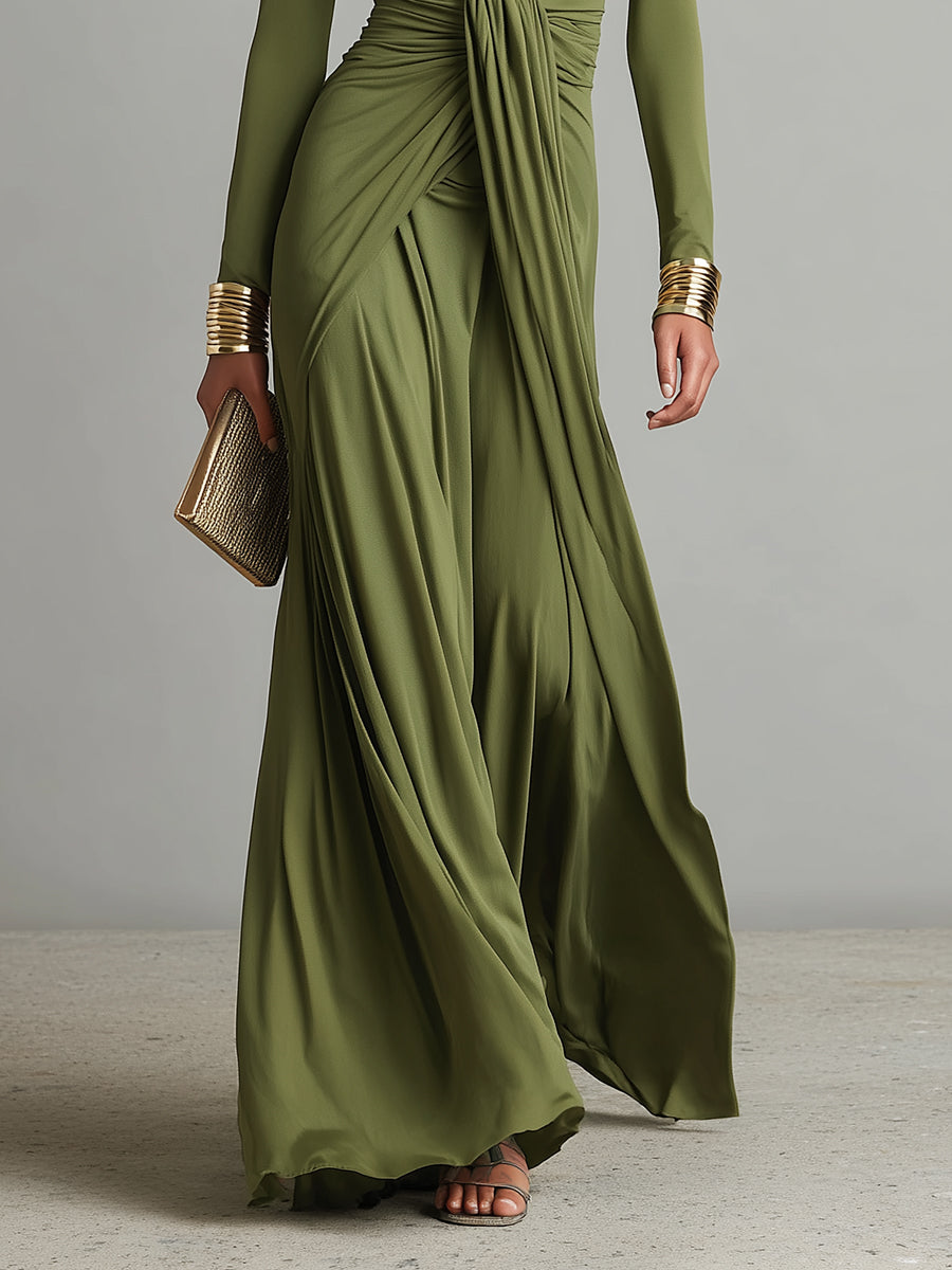 Olive Satin Maxi Dress V-Neck