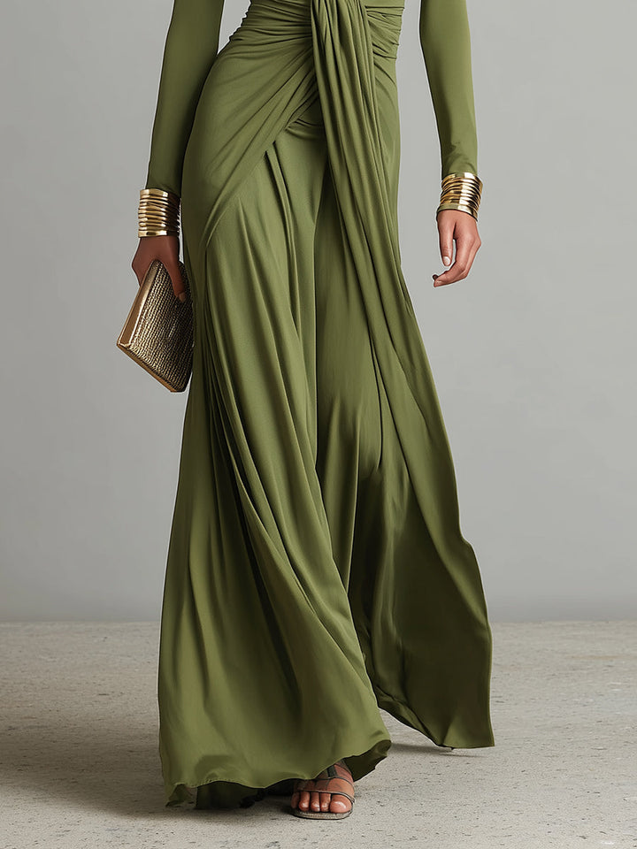 Olive Satin Maxi Dress V-Neck