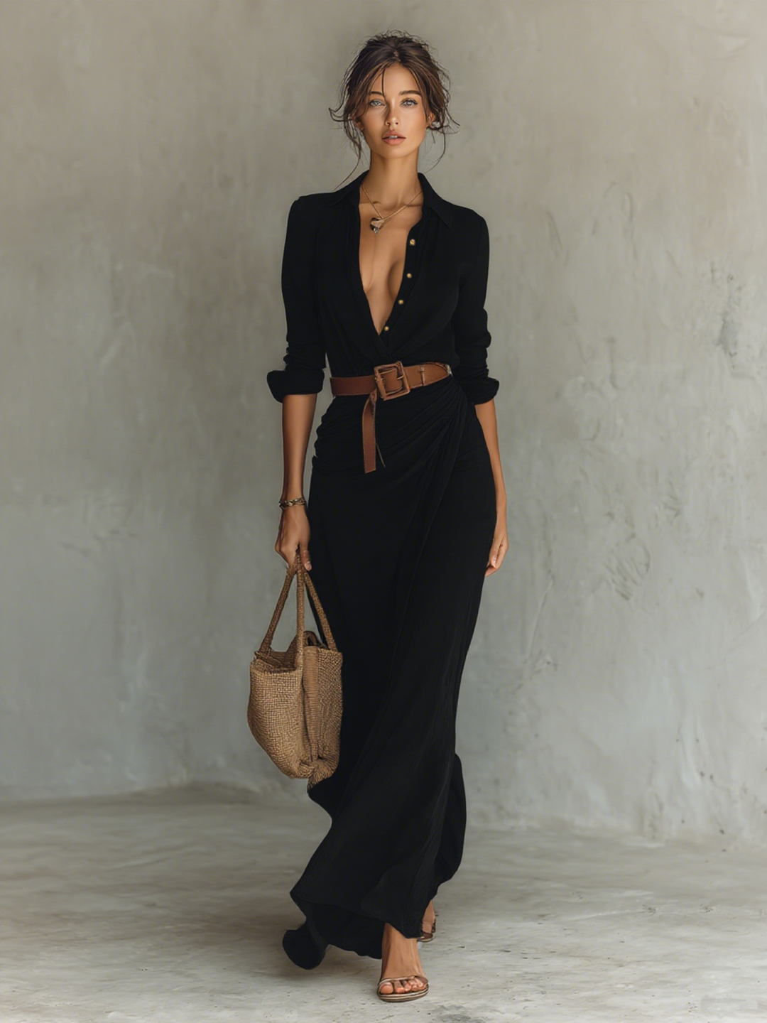 Maxi Dress Lapel Collar Long Sleeve
