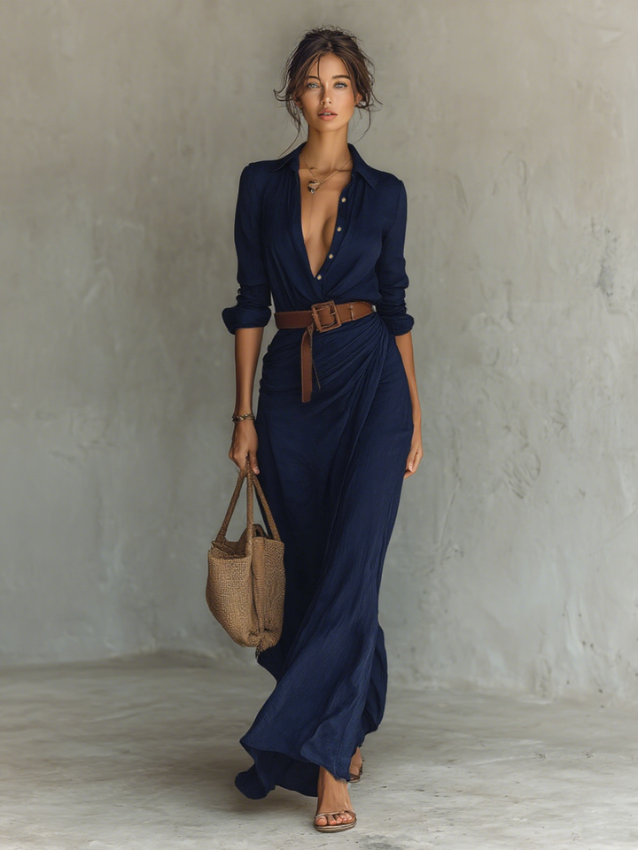 Maxi Dress Lapel Collar Long Sleeve