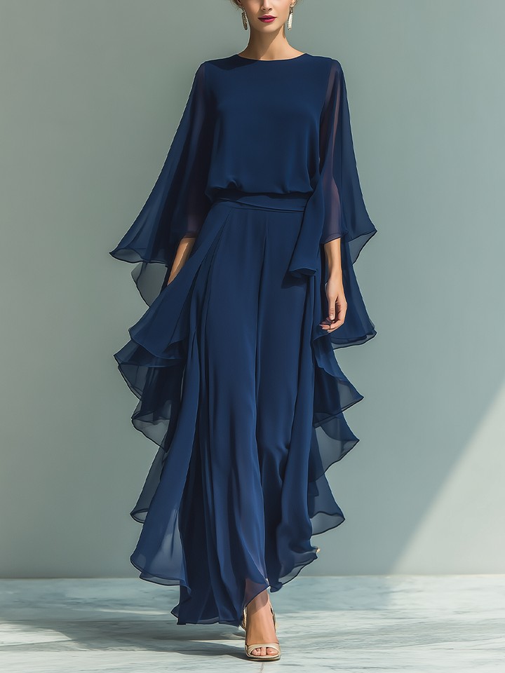 Navy Blue Chiffon Set Ruffle