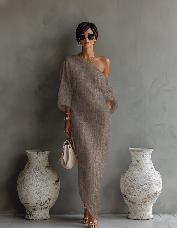 Ivory Linen Off-Shoulder Dress