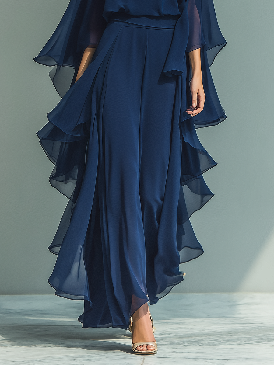 Navy Blue Chiffon Set Ruffle