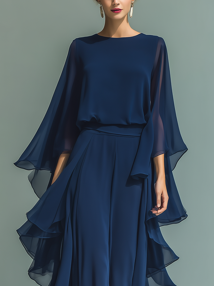 Navy Blue Chiffon Set Ruffle