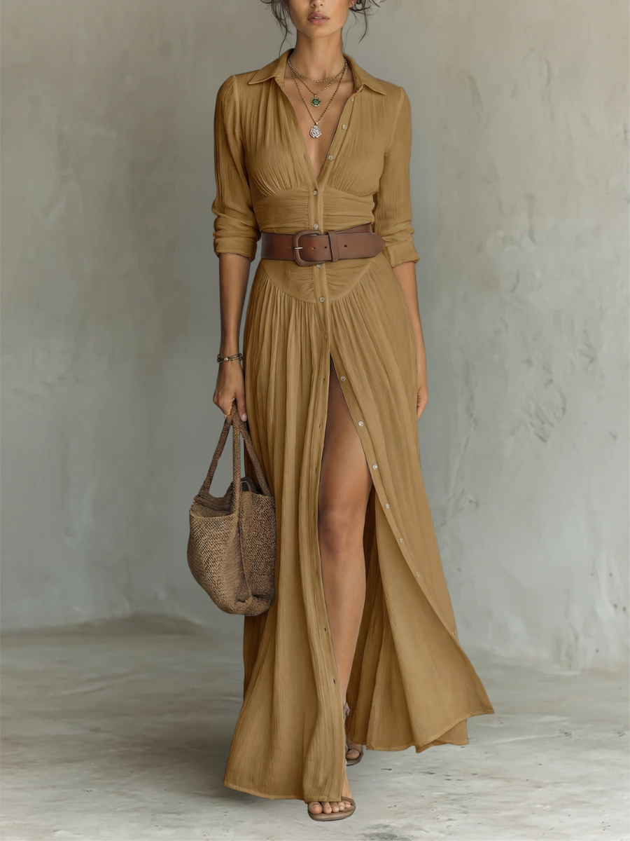 Linen Maxi Dress Lapel Collar Long Sleeve
