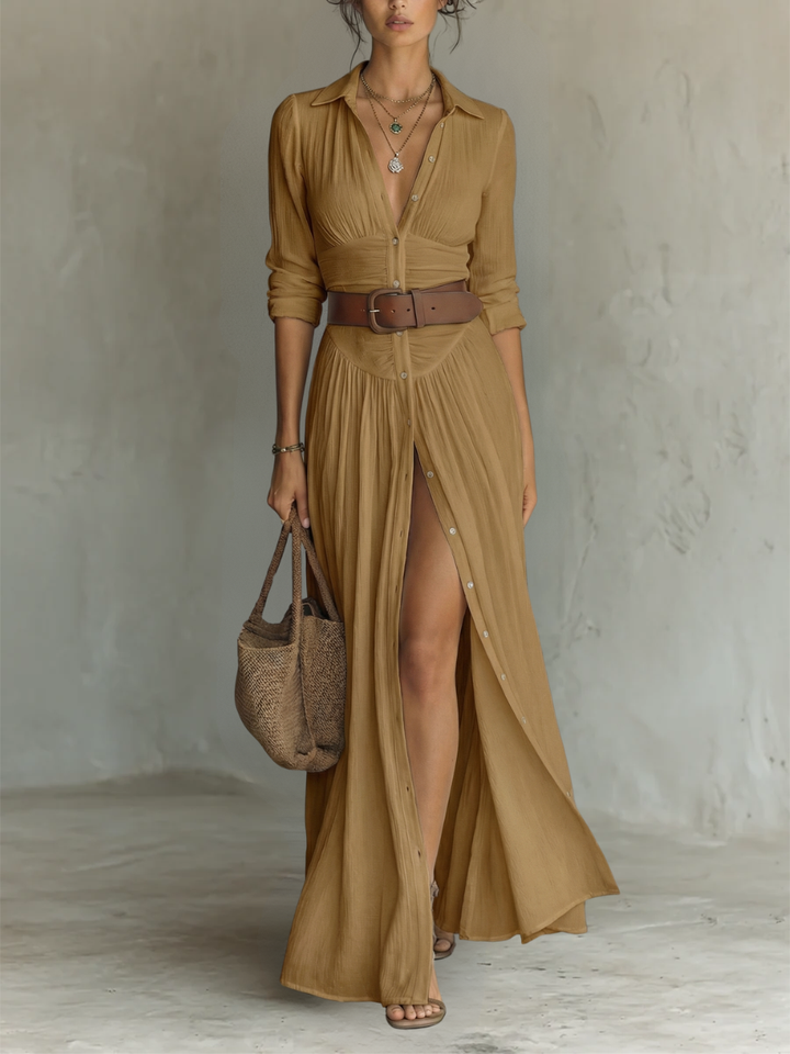 Linen Maxi Dress Lapel Collar Long Sleeve