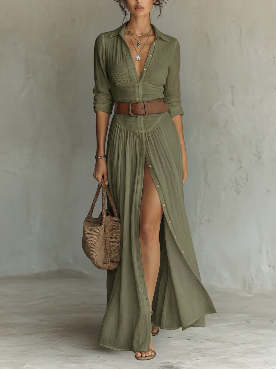 Linen Maxi Dress Lapel Collar Long Sleeve