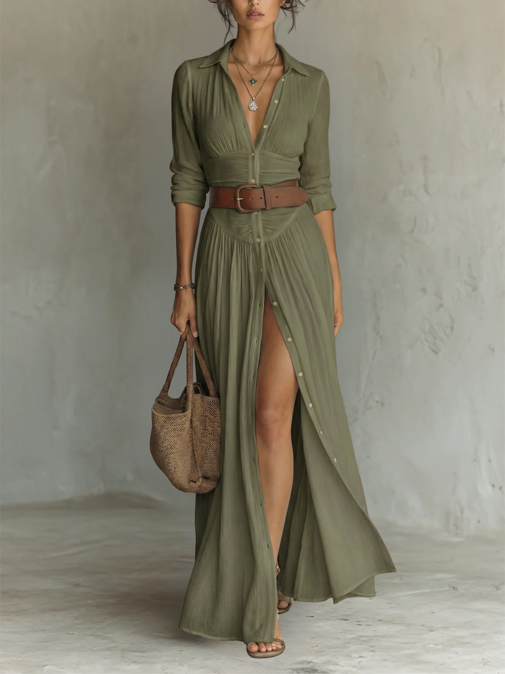 Linen Maxi Dress Lapel Collar Long Sleeve