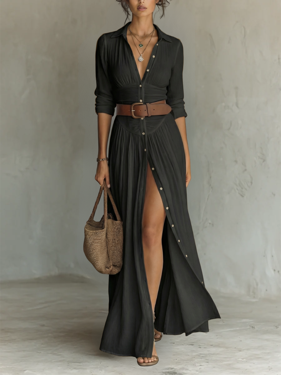 Linen Maxi Dress Lapel Collar Long Sleeve