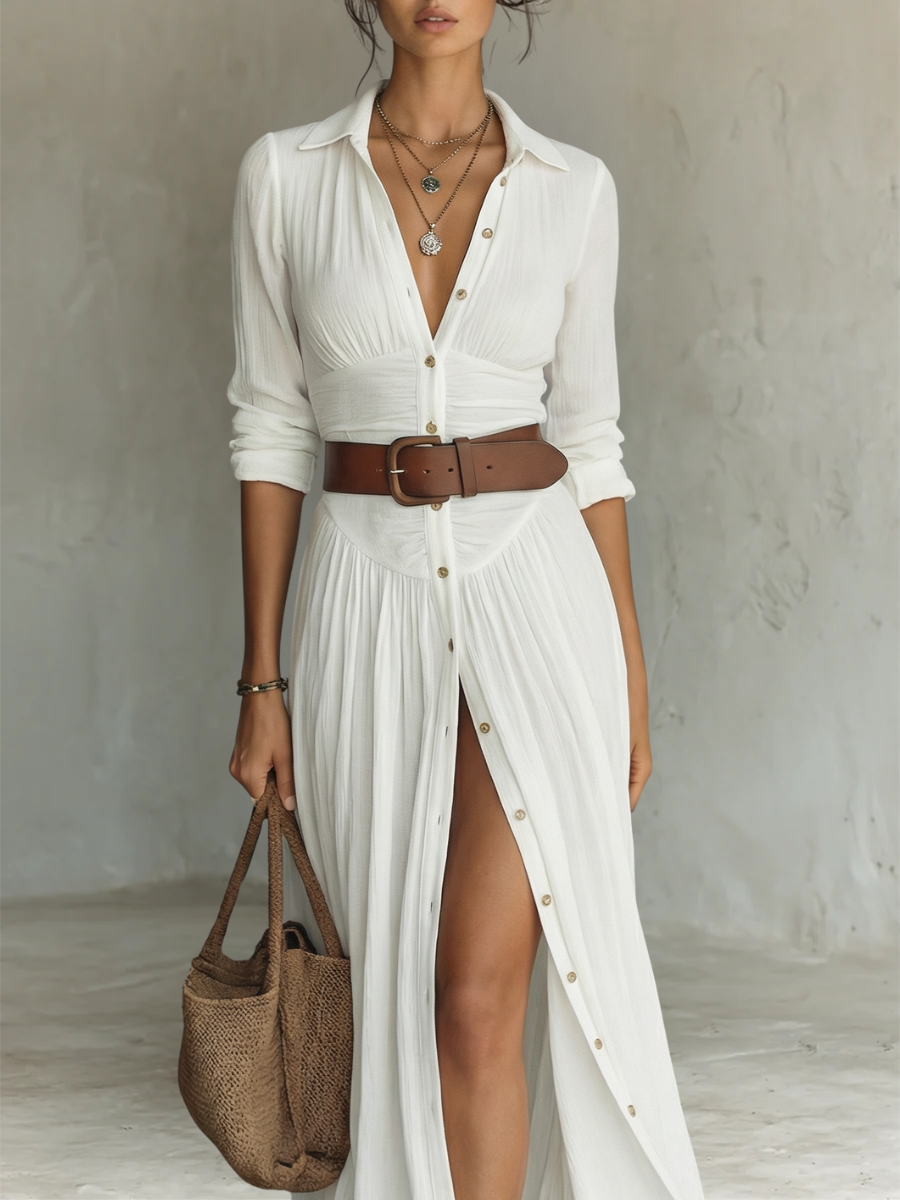 Linen Maxi Dress Lapel Collar Long Sleeve