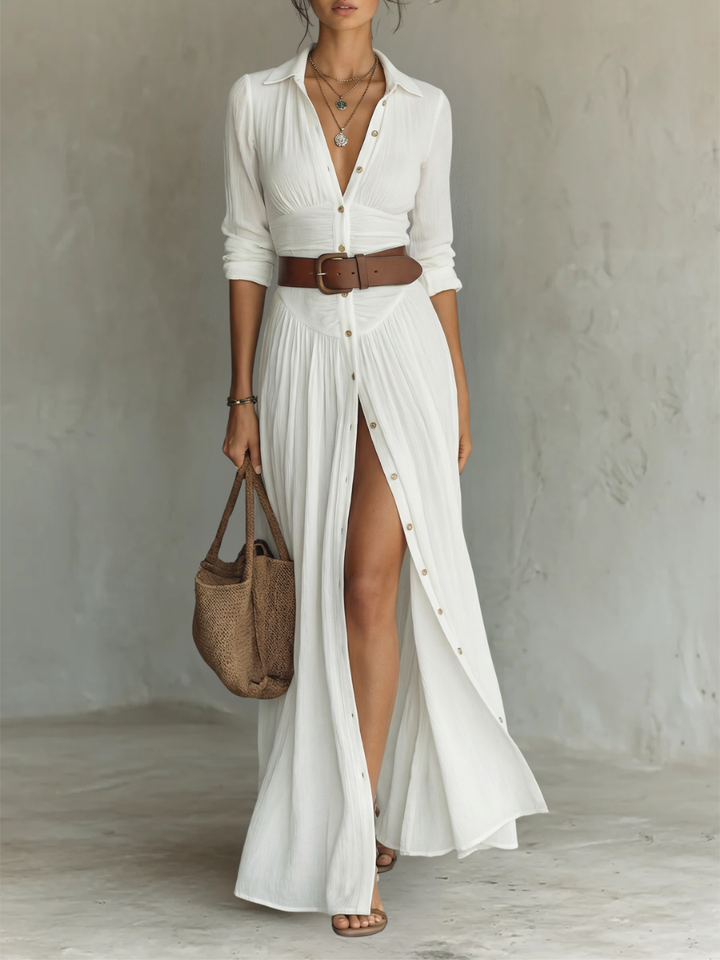 Linen Maxi Dress Lapel Collar Long Sleeve