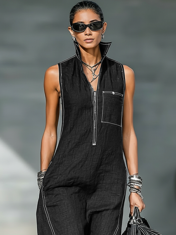 Sleeveless Overalls White Hem