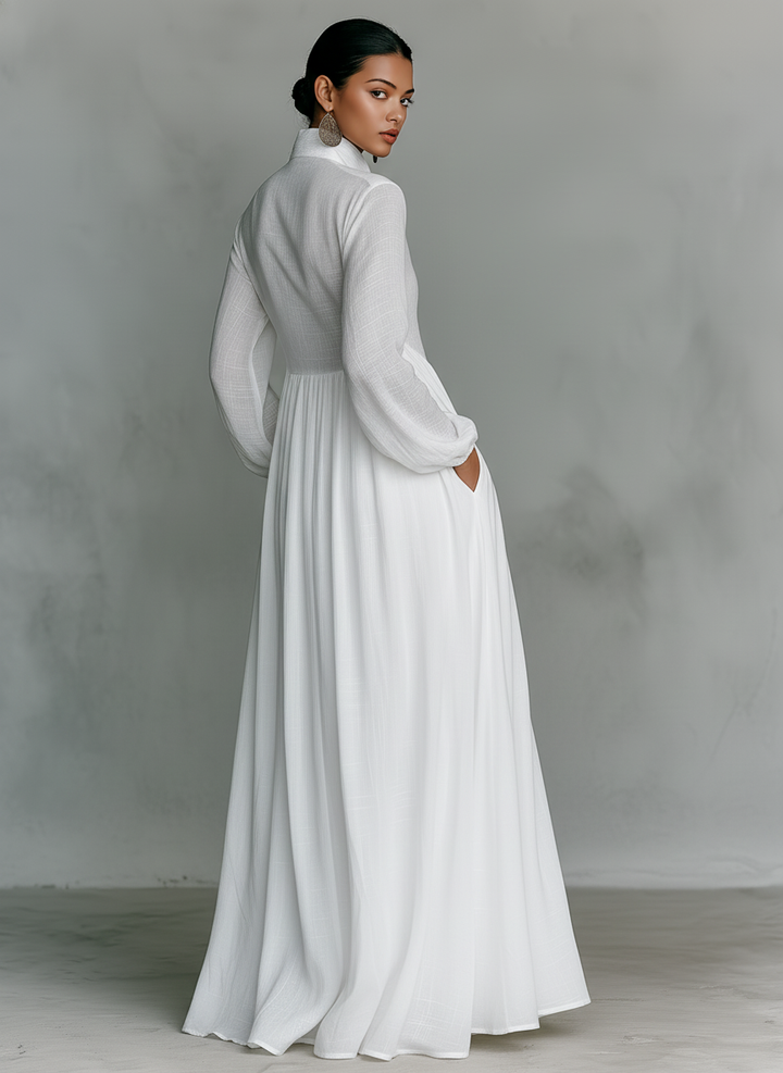Patchwork Linen Maxi Dress Mandarin Collar