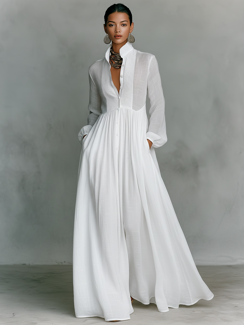 Patchwork Linen Maxi Dress Mandarin Collar