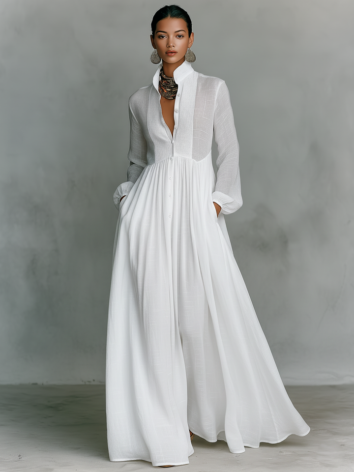 Patchwork Linen Maxi Dress Mandarin Collar