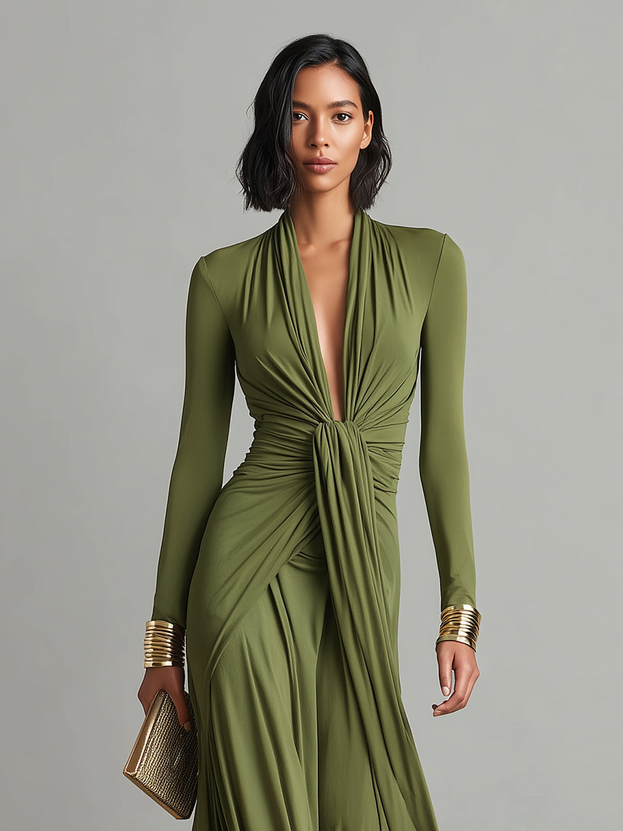 Olive Satin Maxi Dress V-Neck