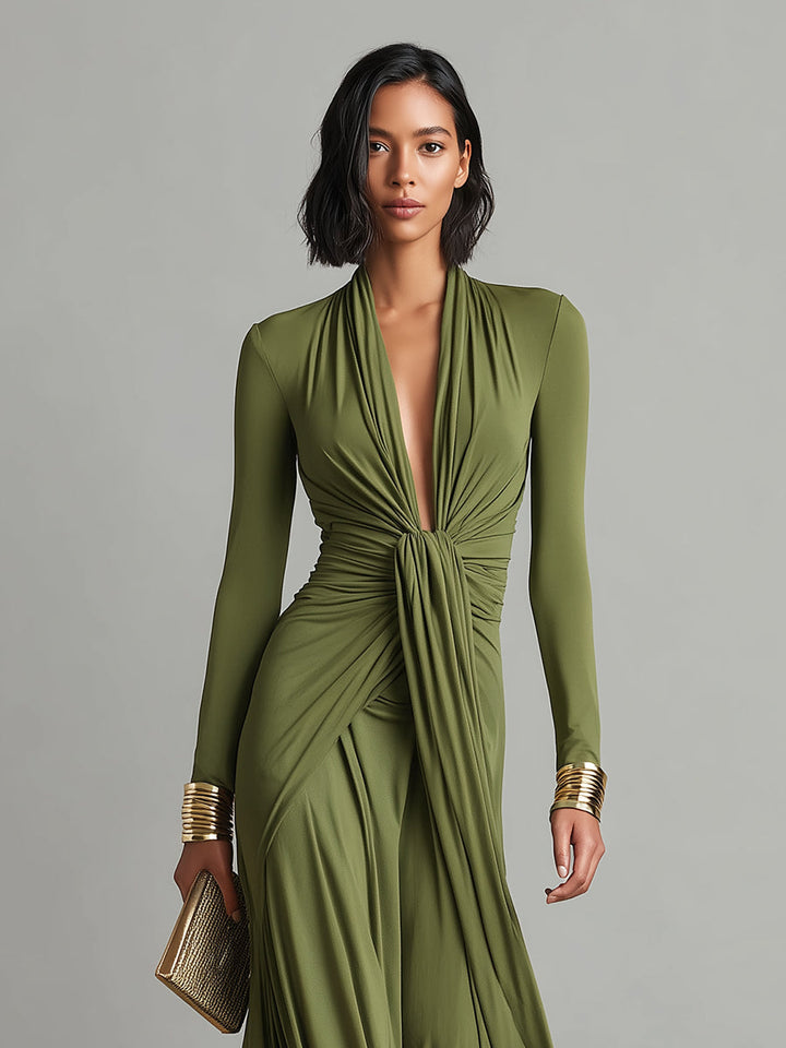 Olive Satin Maxi Dress V-Neck
