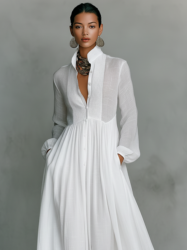 Patchwork Linen Maxi Dress Mandarin Collar