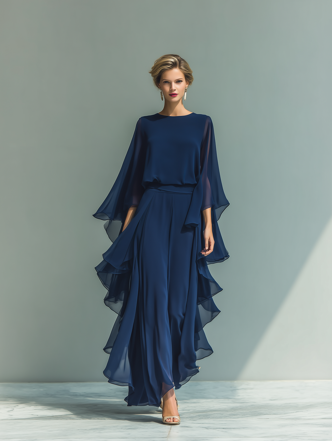Navy Blue Chiffon Set Ruffle