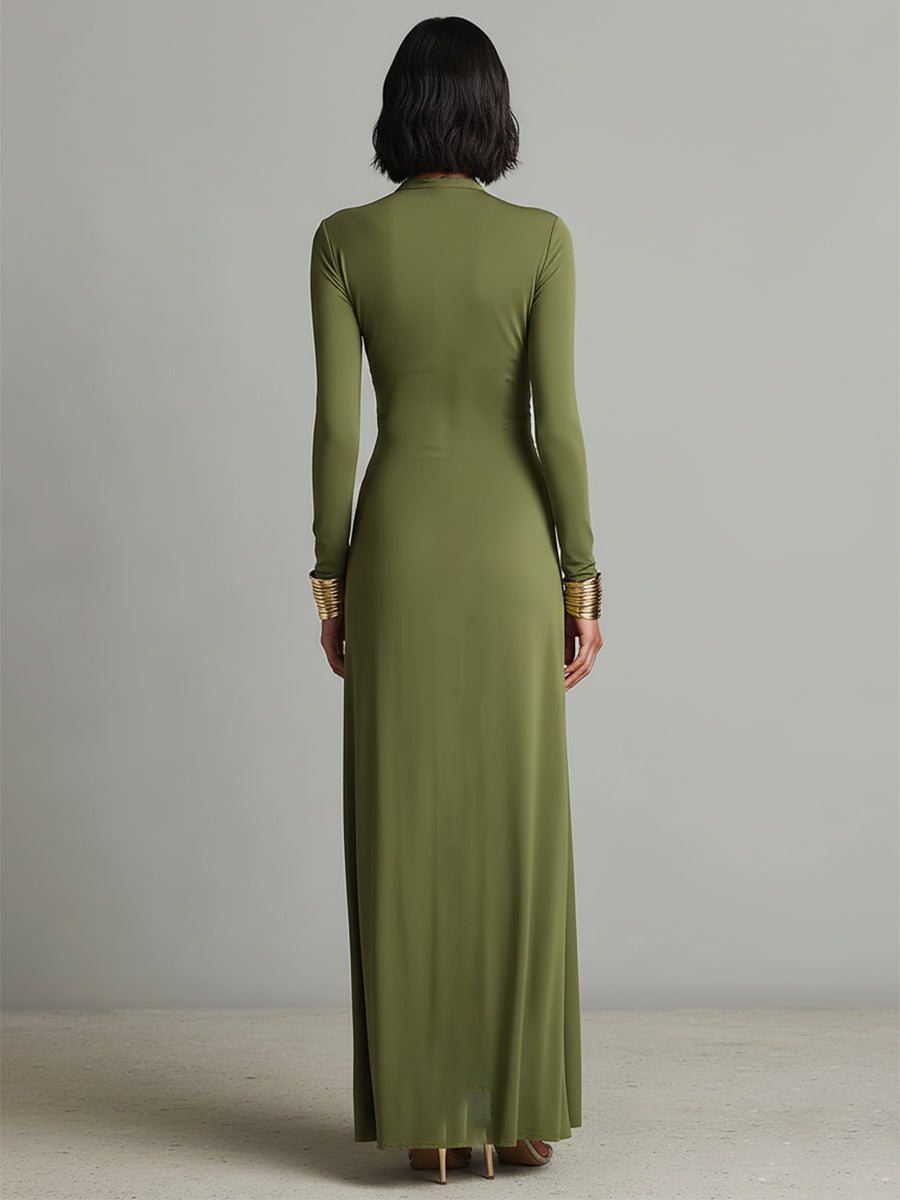 Olive Satin Maxi Dress V-Neck