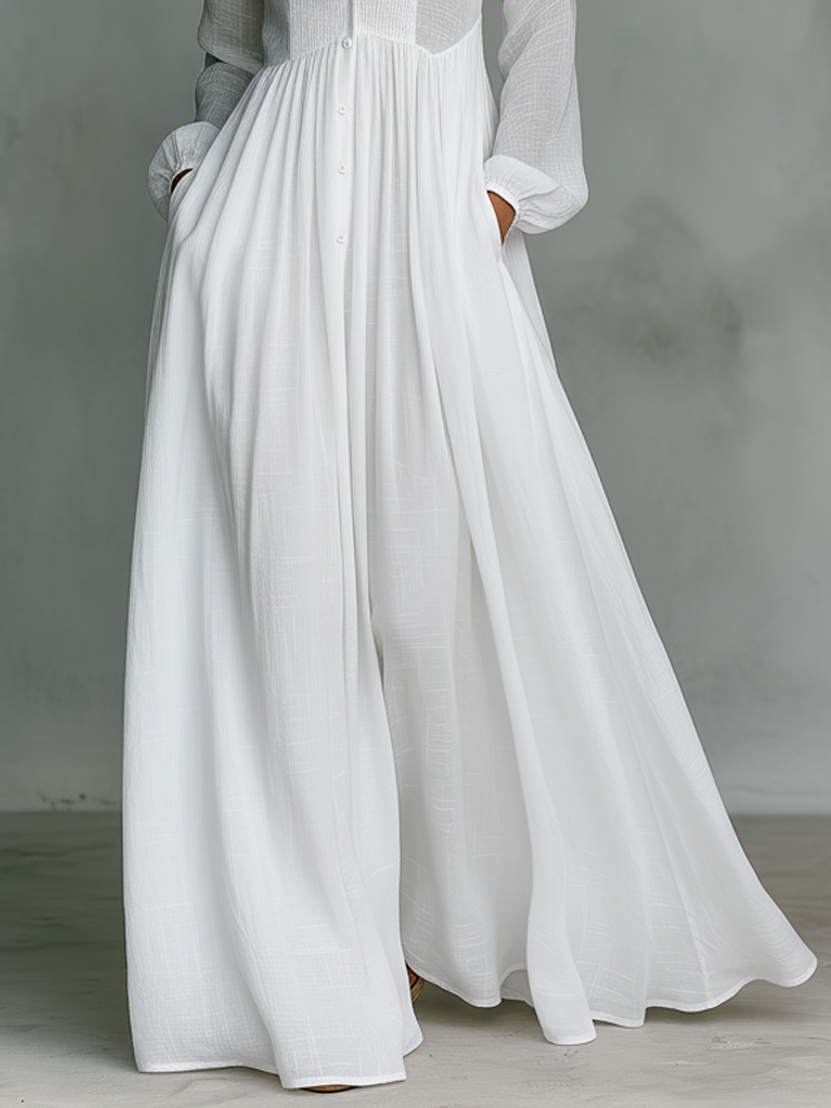 Patchwork Linen Maxi Dress Mandarin Collar